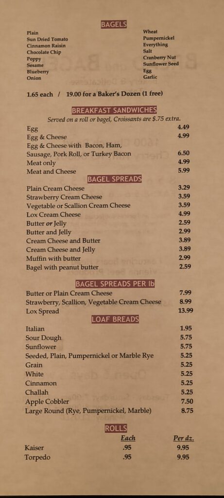 Bread & Bagels Menu 1